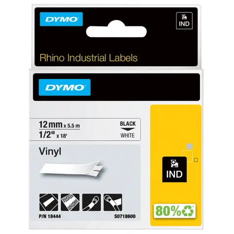 Dymo taśma do drukarek Rhino | 18444 | 12mm/5,5m | czarny/biały | winylowa